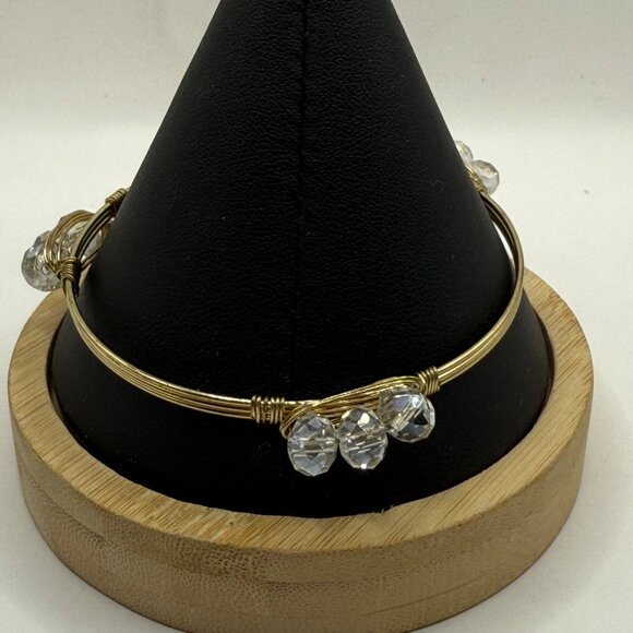 Gold Wire Bangle Bracelet With Clear Crystal Beads - Picture 4 of 4
